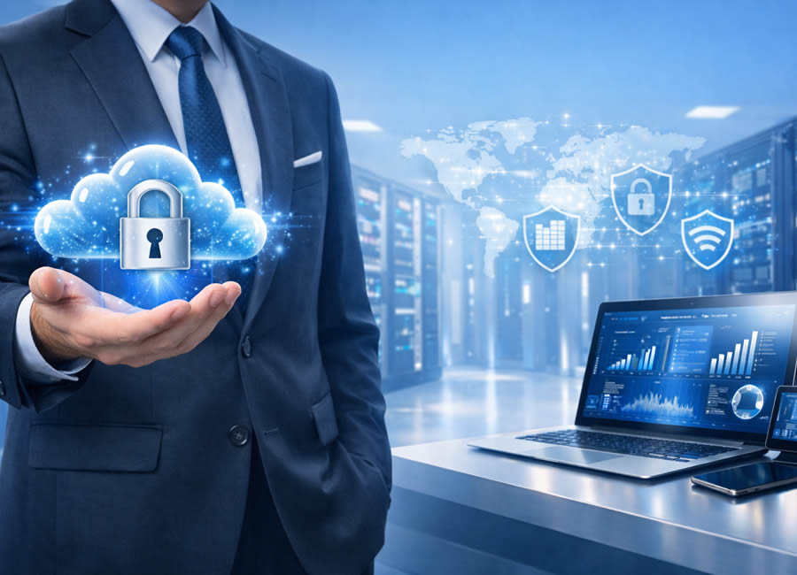  uomo che gestisce sicurezza cloud